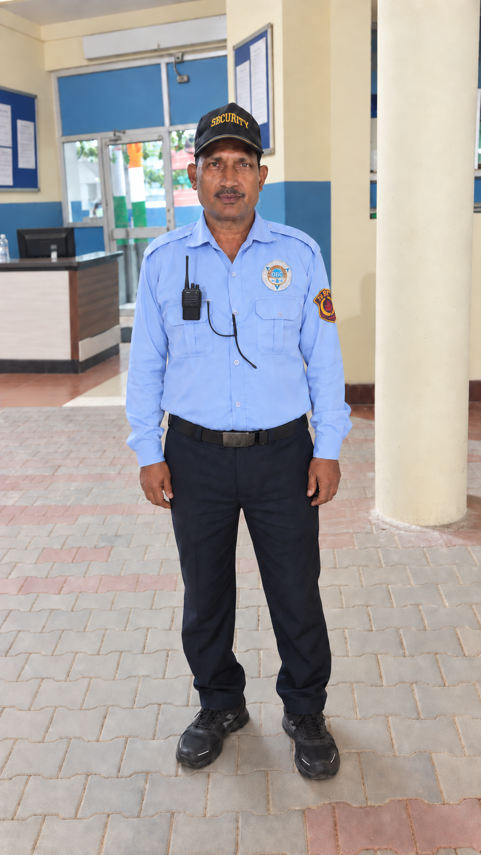 DBC security guard with a walkie-talkie at an indoor facility